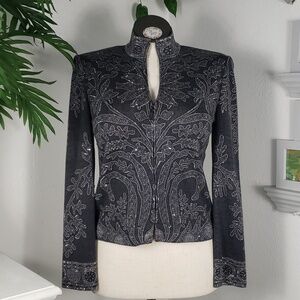 St. John Gray Knit w/ Jewels and Studs, Mandarin Collar & Zip-Front - Formal 6